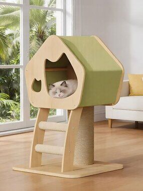 Modern Wooden Cat Condo with Scratching Post